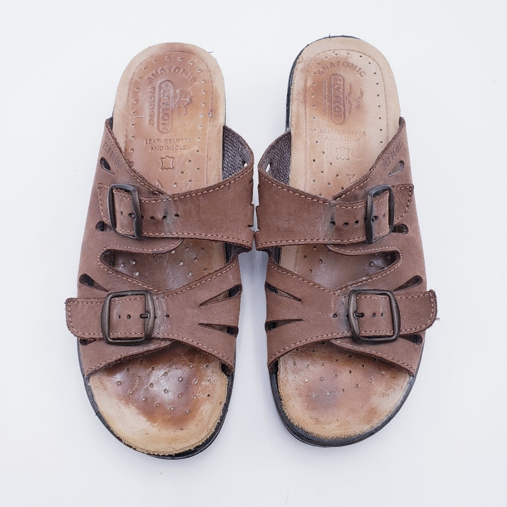 FLY FLOT Dana 2-Strap Tan Leather Sandals Italy Anti Shock Women's Size 38 US - Picture 6 of 11